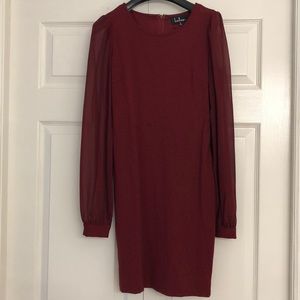 Lulus red bodycon dress with sheer red sleeves